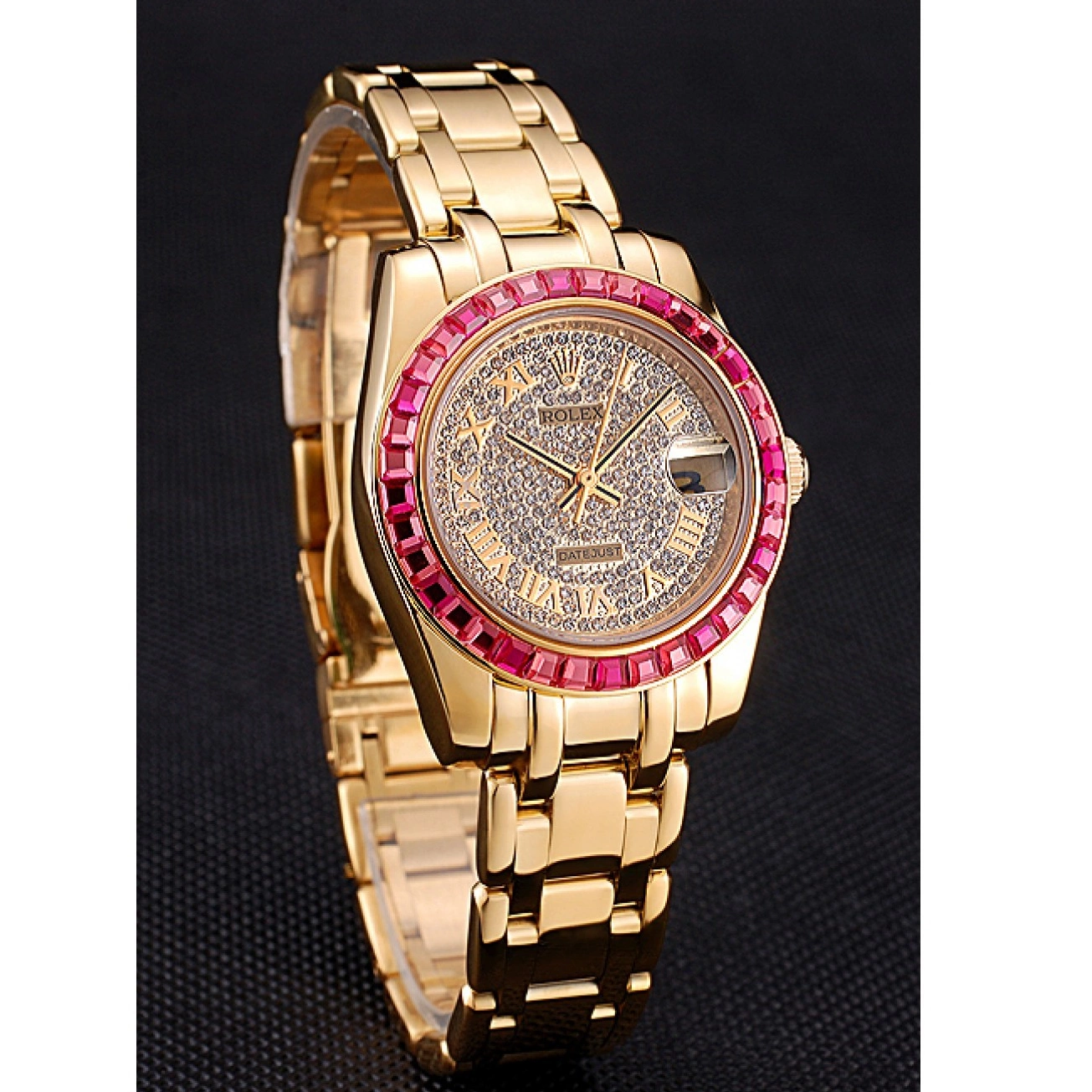 Aaa replica watch Jewels Bezel Datejust Dial And Rolex Gold 622835 Case Diamond Pink Bracelet 0519